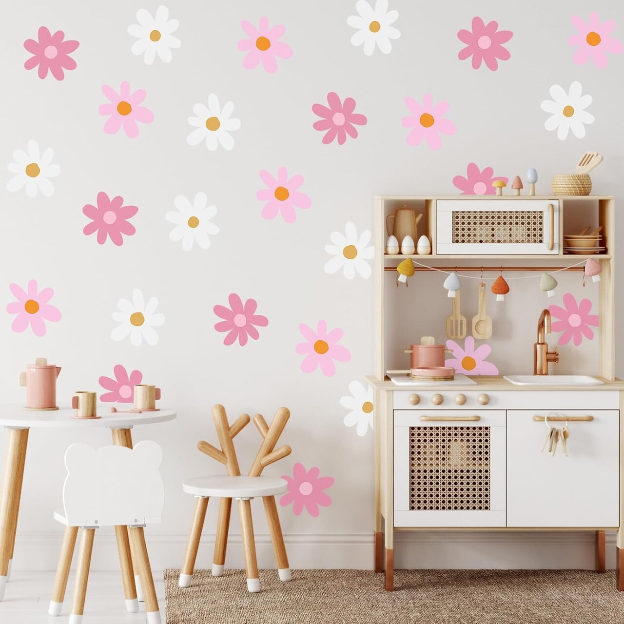 Daisy Wall Decal Flower Vinyl Wall Floral Decals Peel and Stick Daisy Stickers (Pink, White)